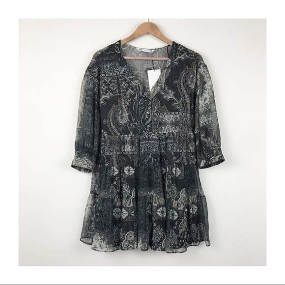 NWT Zara Paisley Bohemian Mini Dress‎ Size Small - Picture 5 of 14